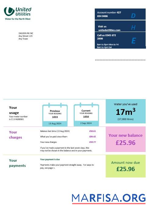 Realistic United Kingdom United Utilities business utility bill Word and PDF template